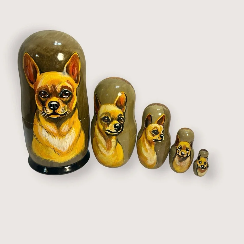 Matryoshka Signed Chihuahua Dog Russian Nesting Doll 5 Piece Dolls Dogs